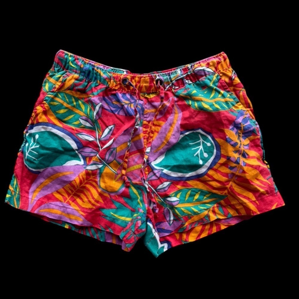 Colorful Tropical‎ Print Shorts, 100% Linen, Size Medium